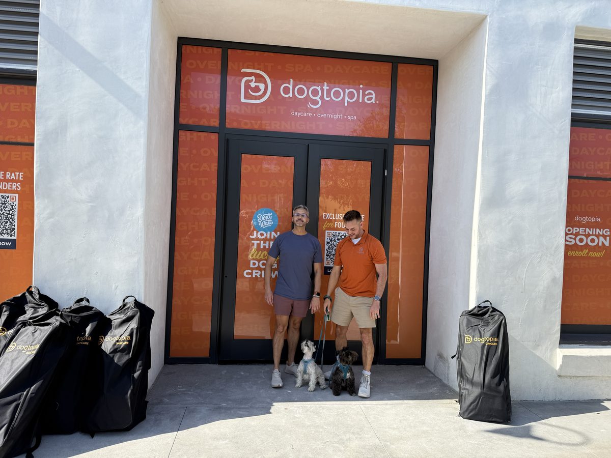 Branded board bags delivered outside a dog daycare before opening day